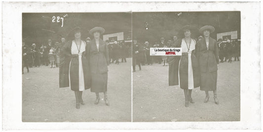 Scène de vie, Longchamp, Paris, plaque verre stéréoscopique, positif 8,5x17 cm