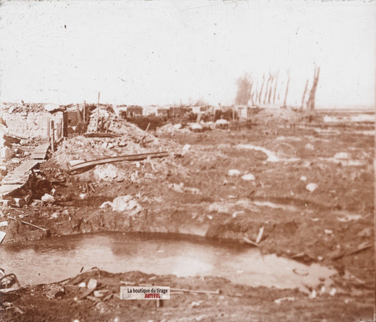 Noordschote, Belgique, guerre WW1, plaque verre stéréo, photo 4,5x10,7 cm