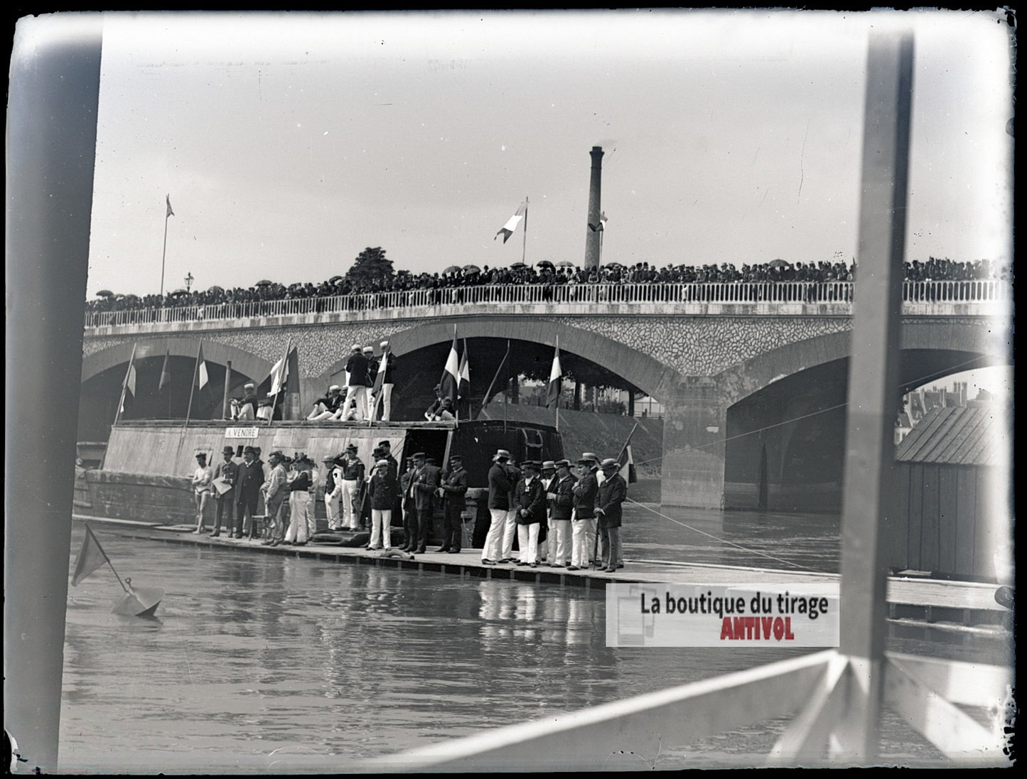 Fête nautique sur la Seine, Paris, plaque verre photo ancienne, négatif 9x12 cm