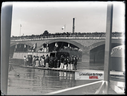 Fête nautique sur la Seine, Paris, plaque verre photo ancienne, négatif 9x12 cm