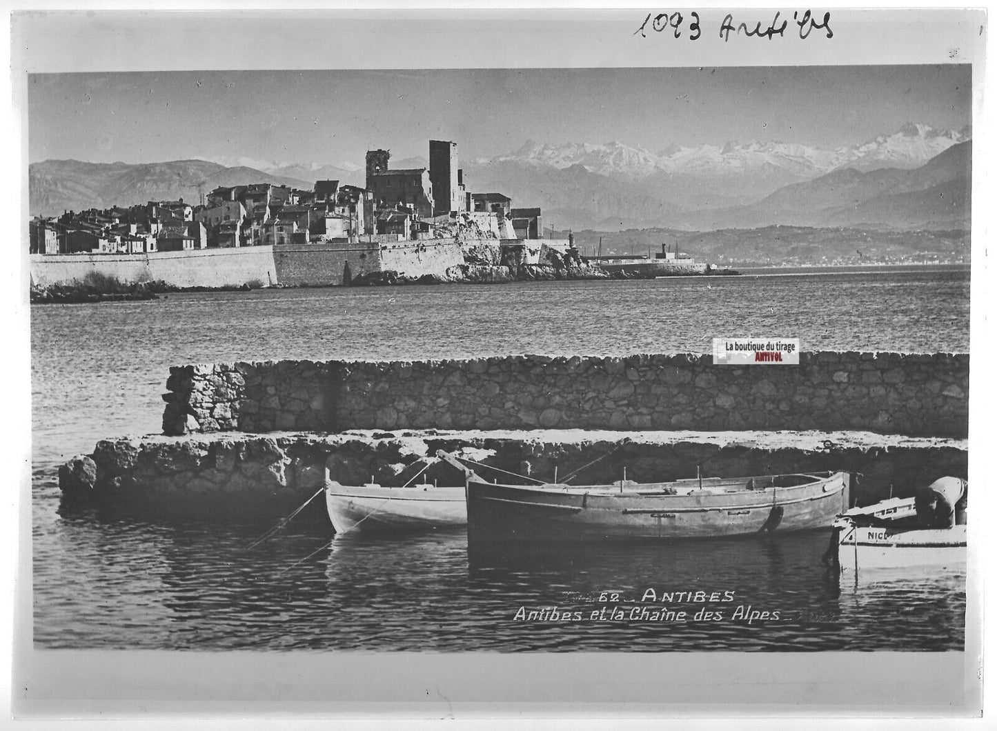 Plaque verre photo ancienne positif noir et blanc 13x18 cm Antibes mer bateau