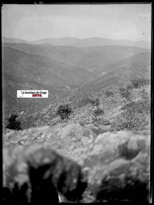 Paysage, montagne, Plaque verre photo ancienne, négatif noir & blanc 9x12 cm