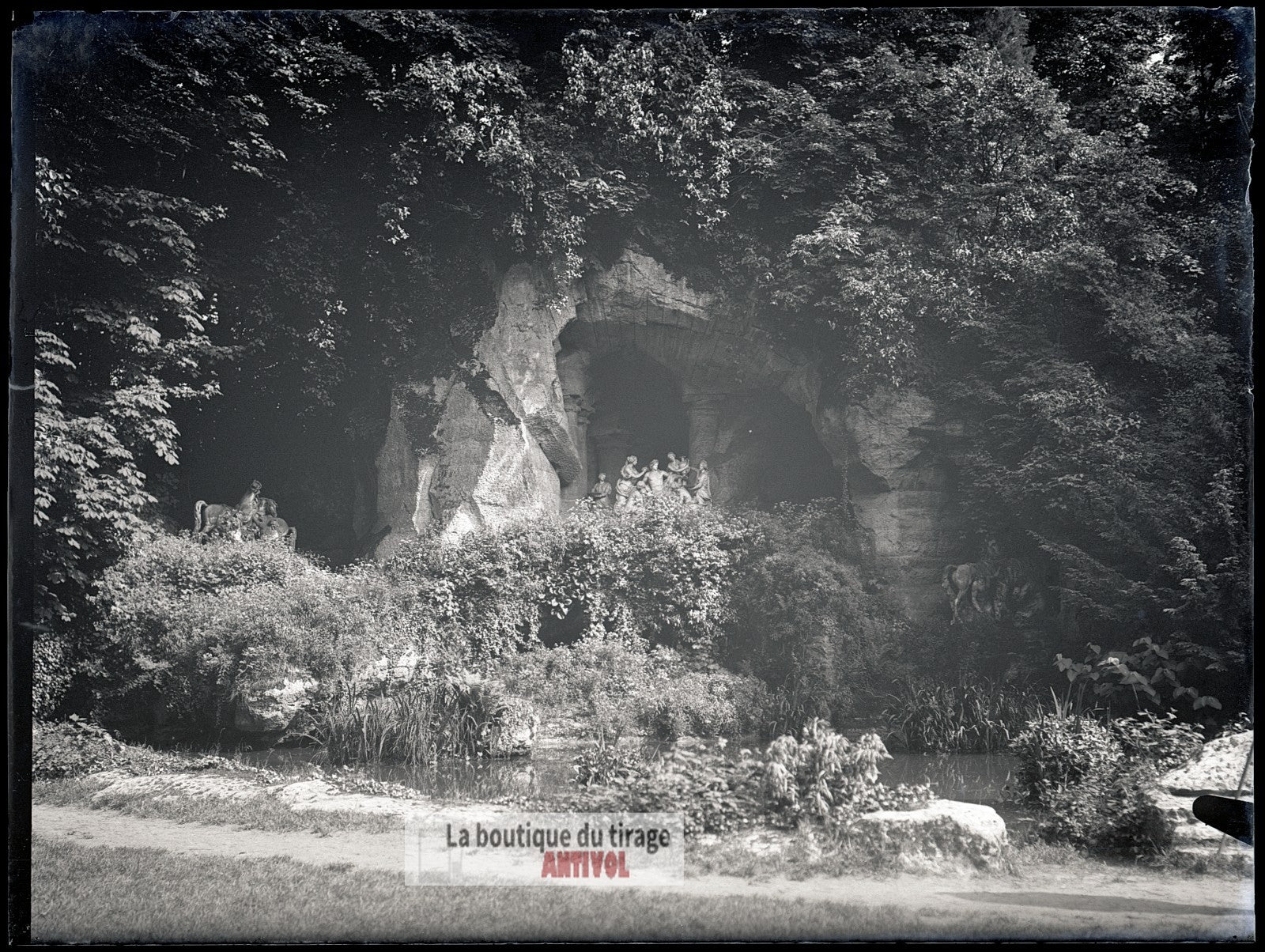 Grotte d’Apollon, Versailles, plaque verre, photo ancienne, négatif 9x12 cm