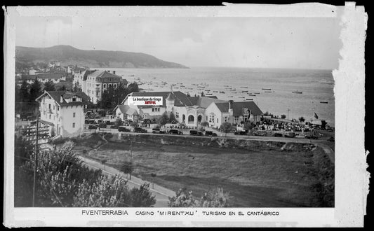 Plaque verre photo négatif noir & blanc 9x14 cm, Fuenterrabia, Casino, voitures