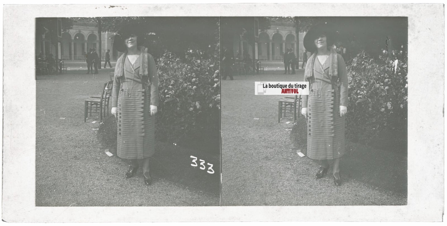 Personnages, Longchamp, Paris, plaque verre stéréoscopique, positif 8,5x17 cm