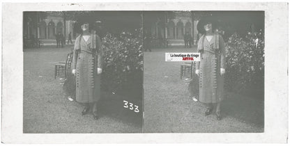 Personnages, Longchamp, Paris, plaque verre stéréoscopique, positif 8,5x17 cm