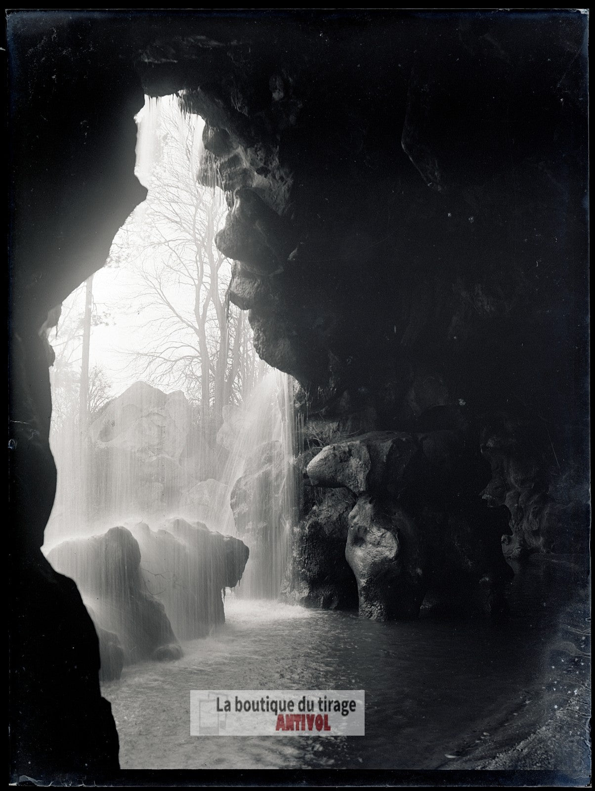 Cascade du bois de Boulogne Paris, plaque verre, photo ancienne, négatif 9x12 cm