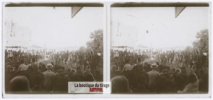 Défilé de cavaliers, militaires, plaque de verre, photo ancienne stéréo 6x13 cm