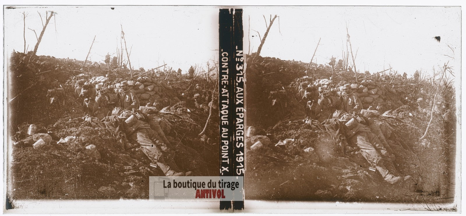 Les Éparges, 1915, guerre WW1, plaque verre photo ancienne stéréo 6x13 cm