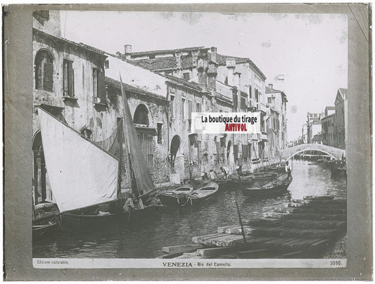 Gondole, Venise Italie, photo ancienne plaque verre, noir & blanc, 9x12 cm