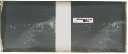 Mer plage, Belgique, Plaque verre stéréoscopie, négatif noir & blanc 4,5x10,7 cm