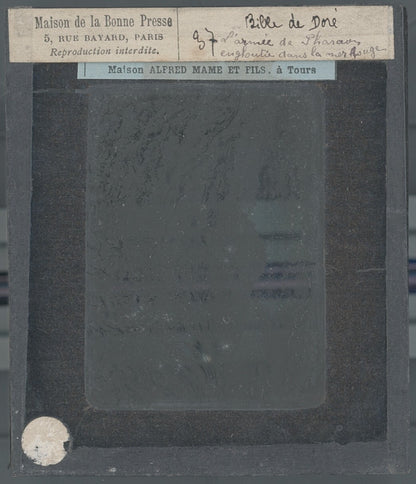 Armée mer Rouge, Bible de Doré, dessin, plaque verre, positif 8,5x10 cm