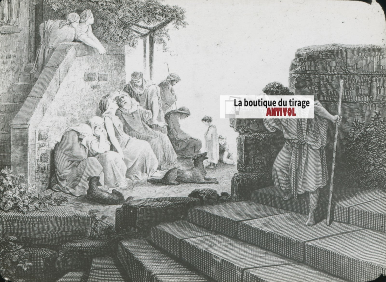 Histoire, Bible Doré, dessin, plaque de verre, noir & blanc, positif 8,5x10 cm