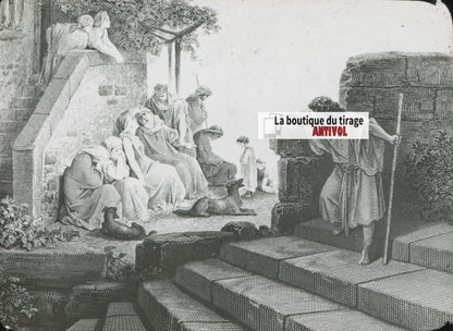 Histoire, Bible Doré, dessin, plaque de verre, noir & blanc, positif 8,5x10 cm