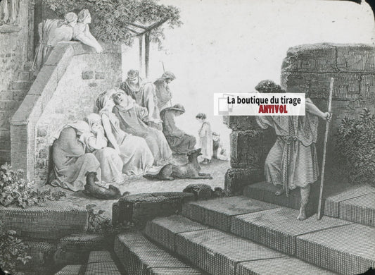 Histoire, Bible Doré, dessin, plaque de verre, noir & blanc, positif 8,5x10 cm