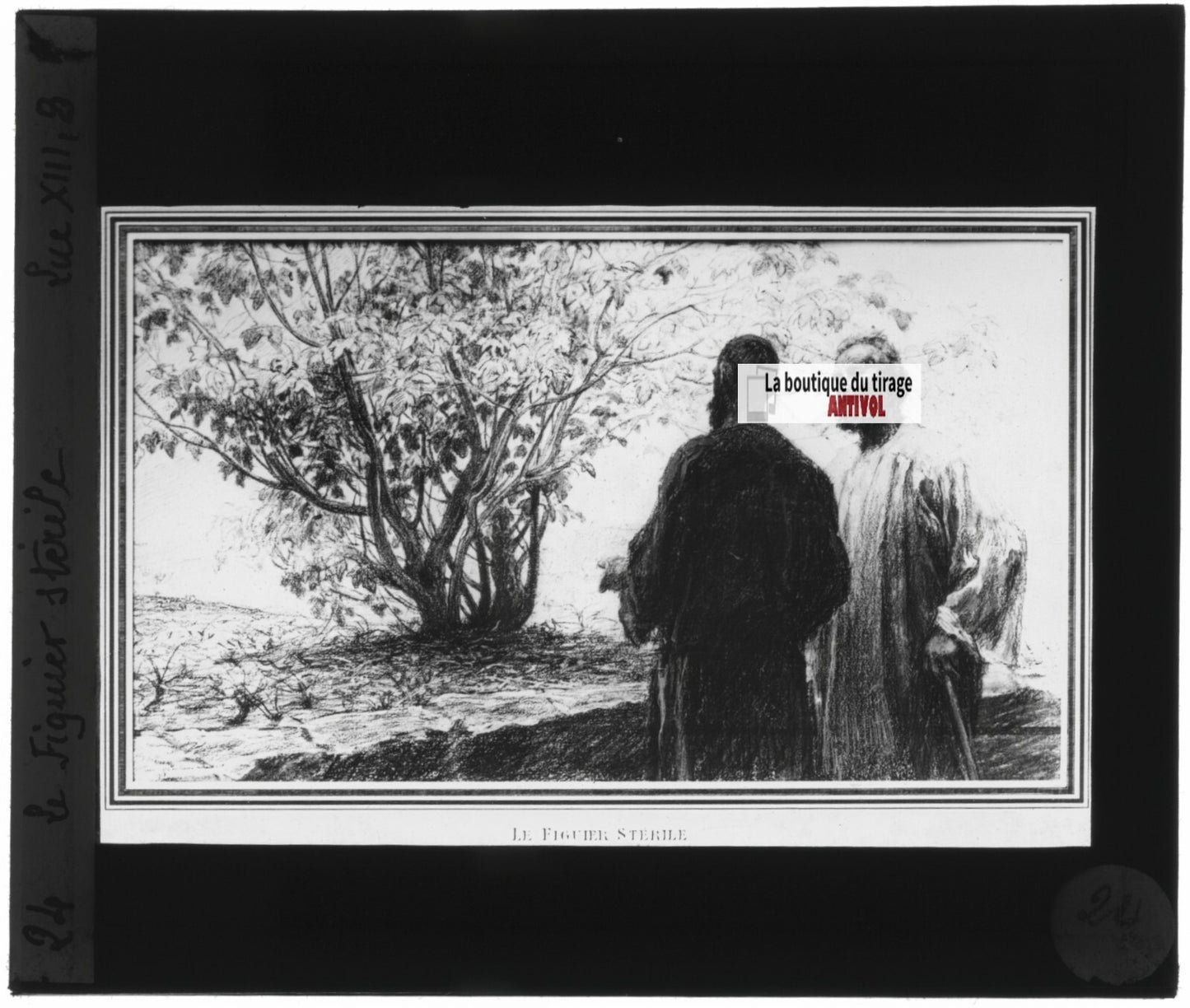 Luc, scène religieuse, dessin peinture plaque de verre, positif 8,5x10 cm