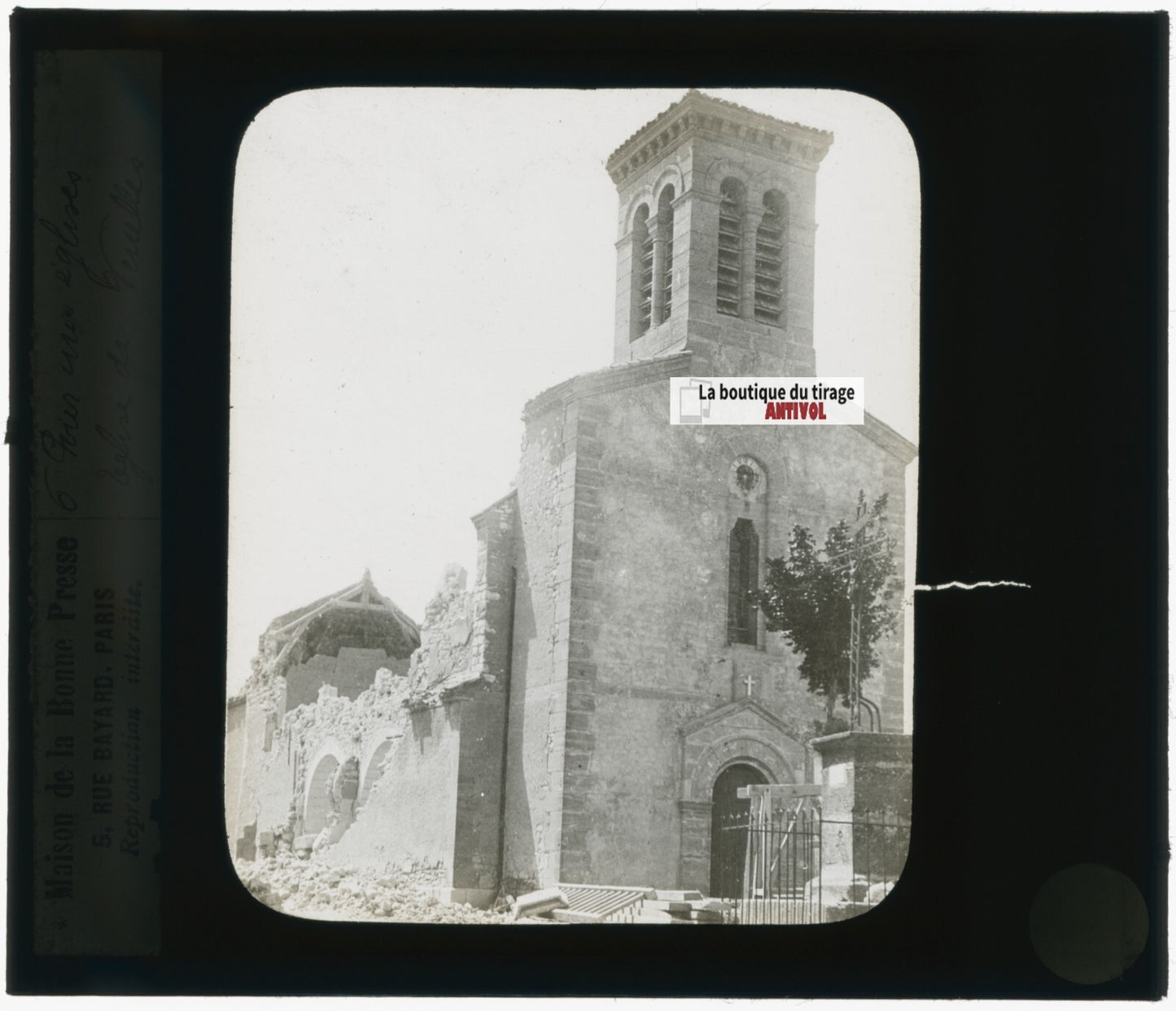 Eglise de Venelles, séisme, photo ancienne plaque verre, positif 8,5x10 cm