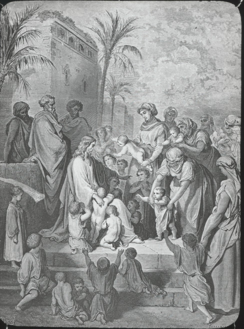Jésus et les enfants, Bible de Doré, dessin, plaque verre, positif 8,5x10 cm