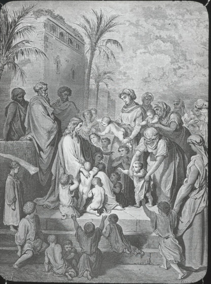 Jésus et les enfants, Bible de Doré, dessin, plaque verre, positif 8,5x10 cm