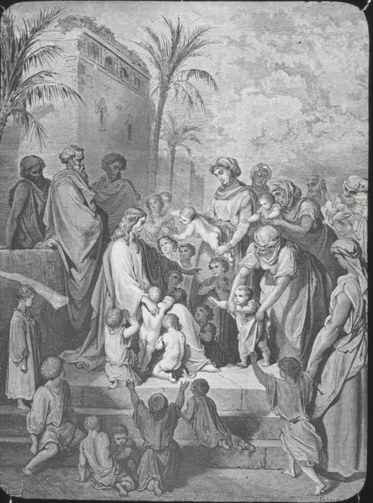 Jésus et les enfants, Bible de Doré, dessin, plaque verre, positif 8,5x10 cm