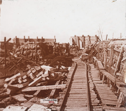 Berges de l’Yser, guerre WW1, plaque verre stéréo, photo ancienne 4,5x10,7 cm