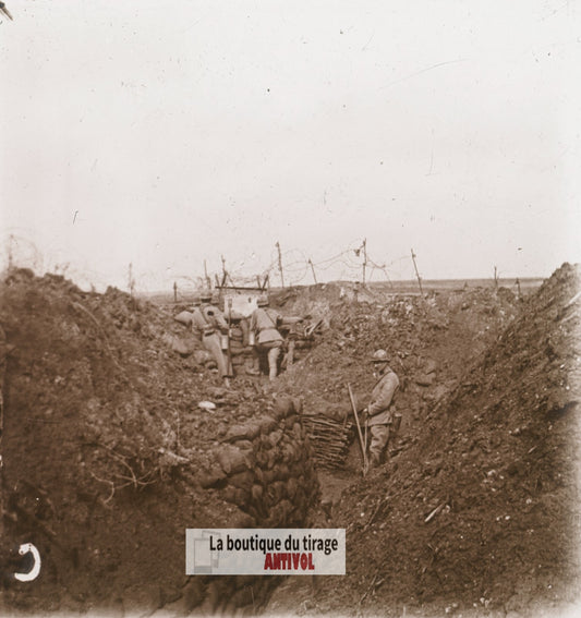 Massiges, petit poste, guerre WW1, plaque verre stéréo, photo 4,5x10,7 cm