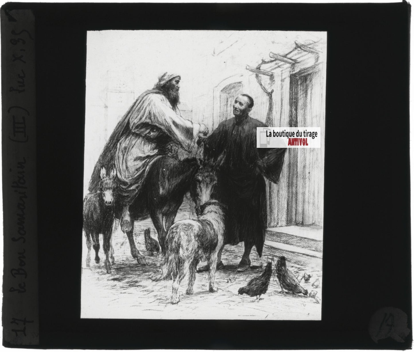 Luc, scène religieuse, dessin peinture plaque de verre, positif 8,5x10 cm