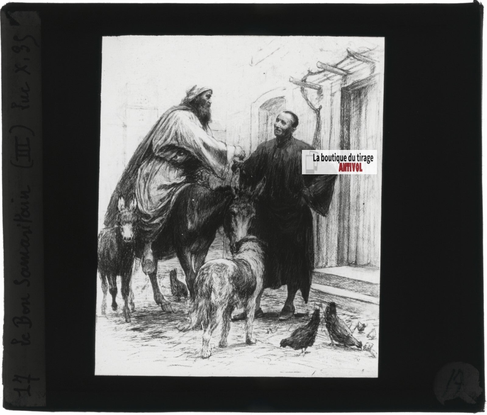 Luc, scène religieuse, dessin peinture plaque de verre, positif 8,5x10 cm