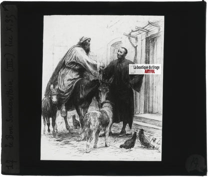 Luc, scène religieuse, dessin peinture plaque de verre, positif 8,5x10 cm