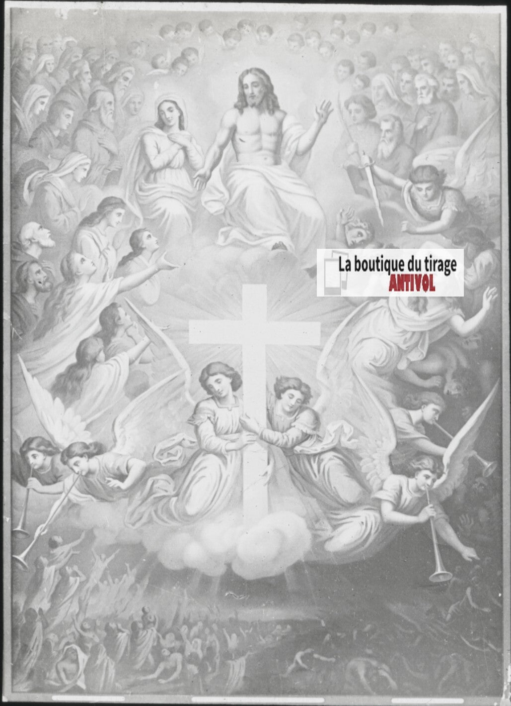 Scène religieuse, catéchisme, dessin peinture, plaque verre, positif 8,5x10 cm