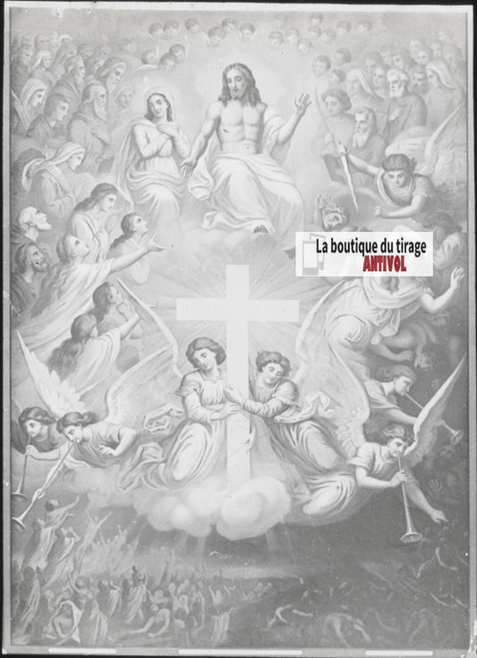 Scène religieuse, catéchisme, dessin peinture, plaque verre, positif 8,5x10 cm
