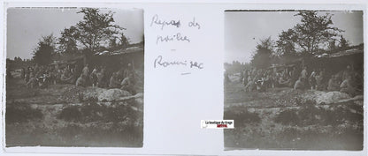 Guerbigny, Poilus, Plaque verre stéréo, positif ancien noir & blanc 4,5x10,7 cm