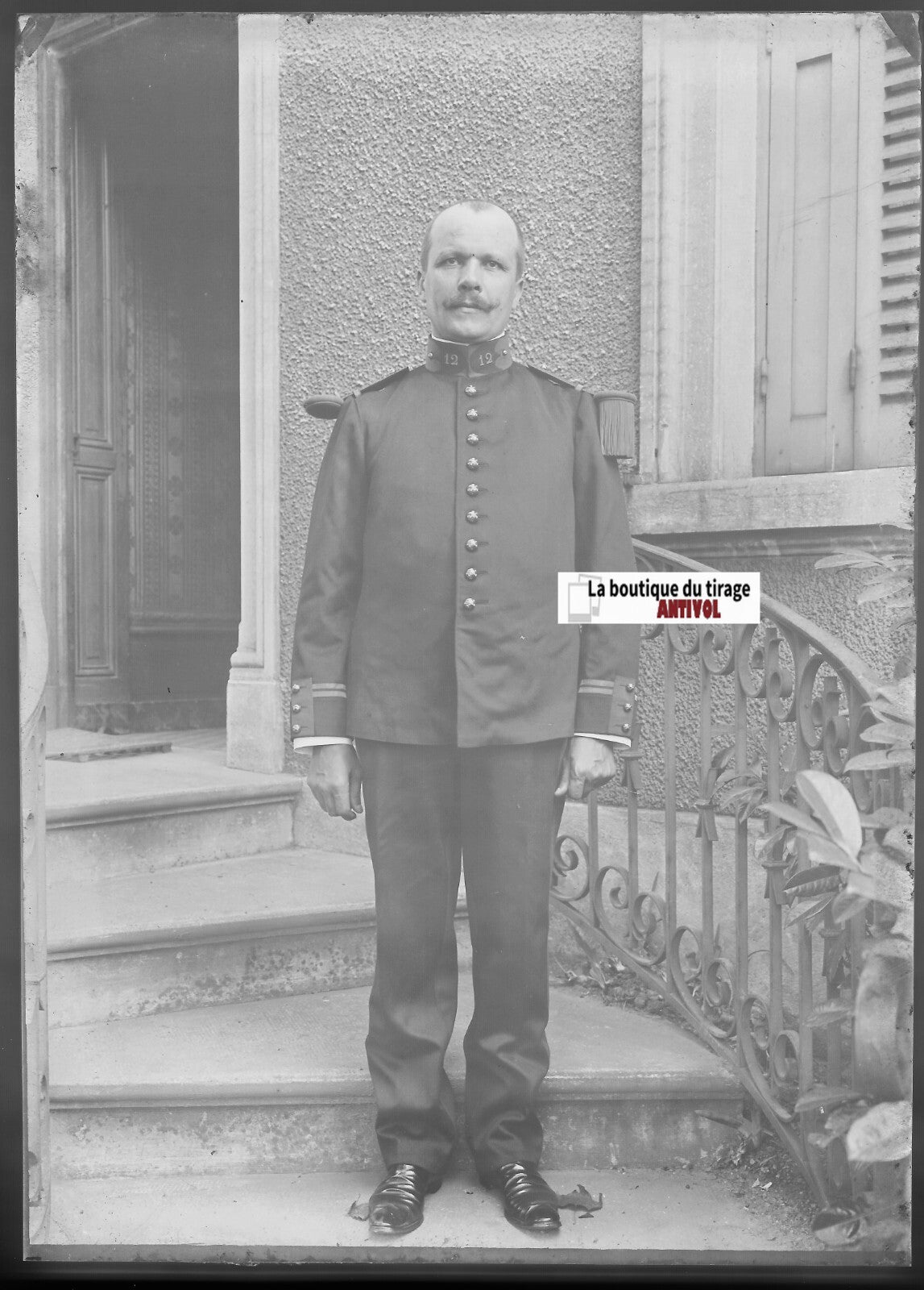 Soldat, 12e régiment, Plaque verre photo, négatif noir & blanc 13x18 cm