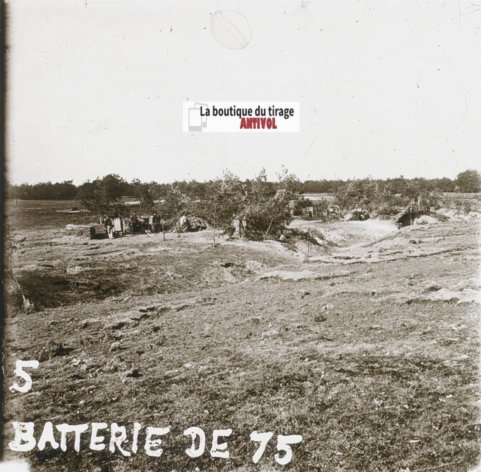 Batterie de 75, Artillerie, WW1, plaque verre stéréo, photo ancienne 4,5x10,7 cm