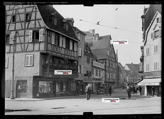 Plaque verre photo ancienne négatif noir et blanc 13x18 cm Colmar rue des Têtes