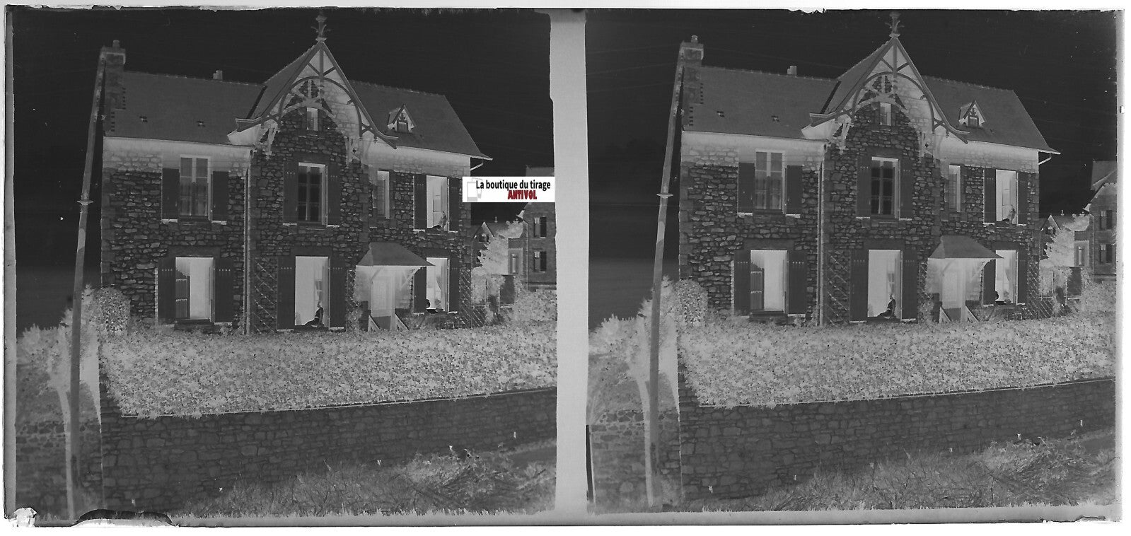 Perros-Guirec, maison, Plaque verre photo stéréo, négatif noir & blanc 6x13 cm