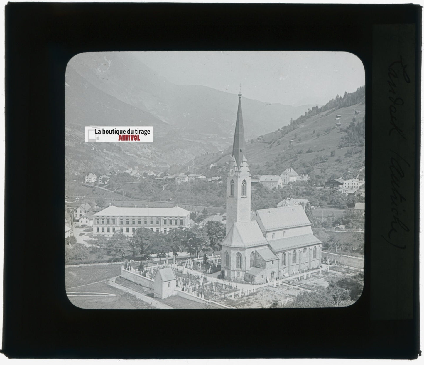 Église Landeck, Autriche, photo plaque verre, noir & blanc, positif 8,5x10 cm