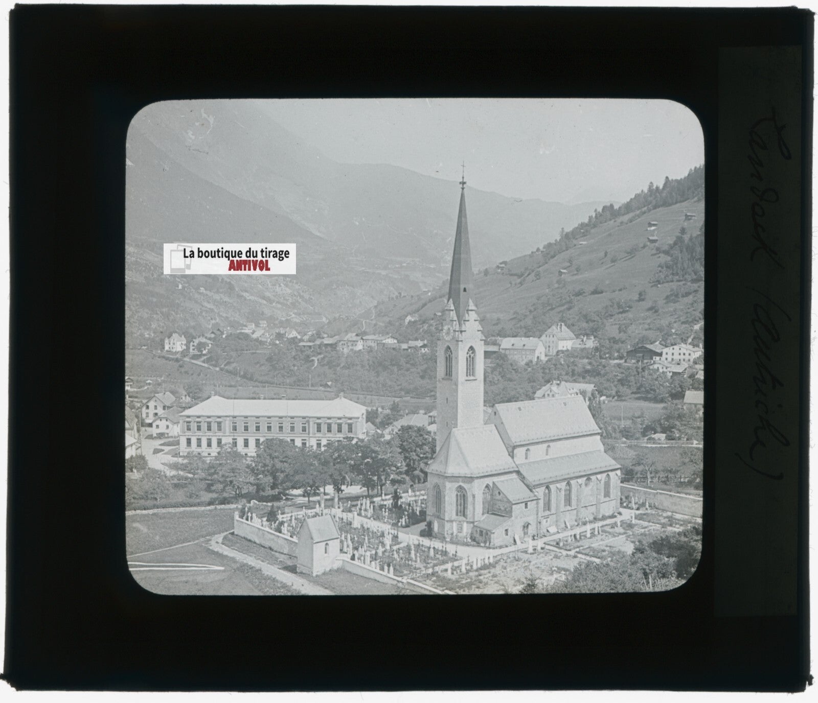 Église Landeck, Autriche, photo plaque verre, noir & blanc, positif 8,5x10 cm