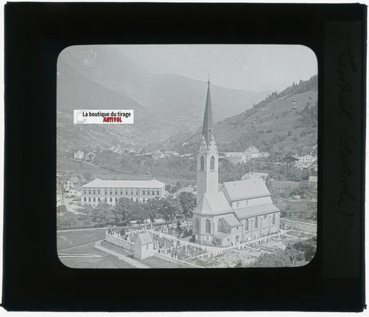 Église Landeck, Autriche, photo plaque verre, noir & blanc, positif 8,5x10 cm