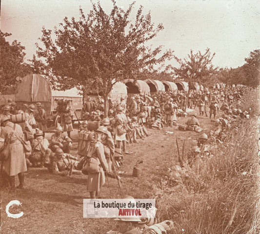 Foix, enlèvement en autos, guerre WW1, plaque verre stéréo, photo 4,5x10,7 cm
