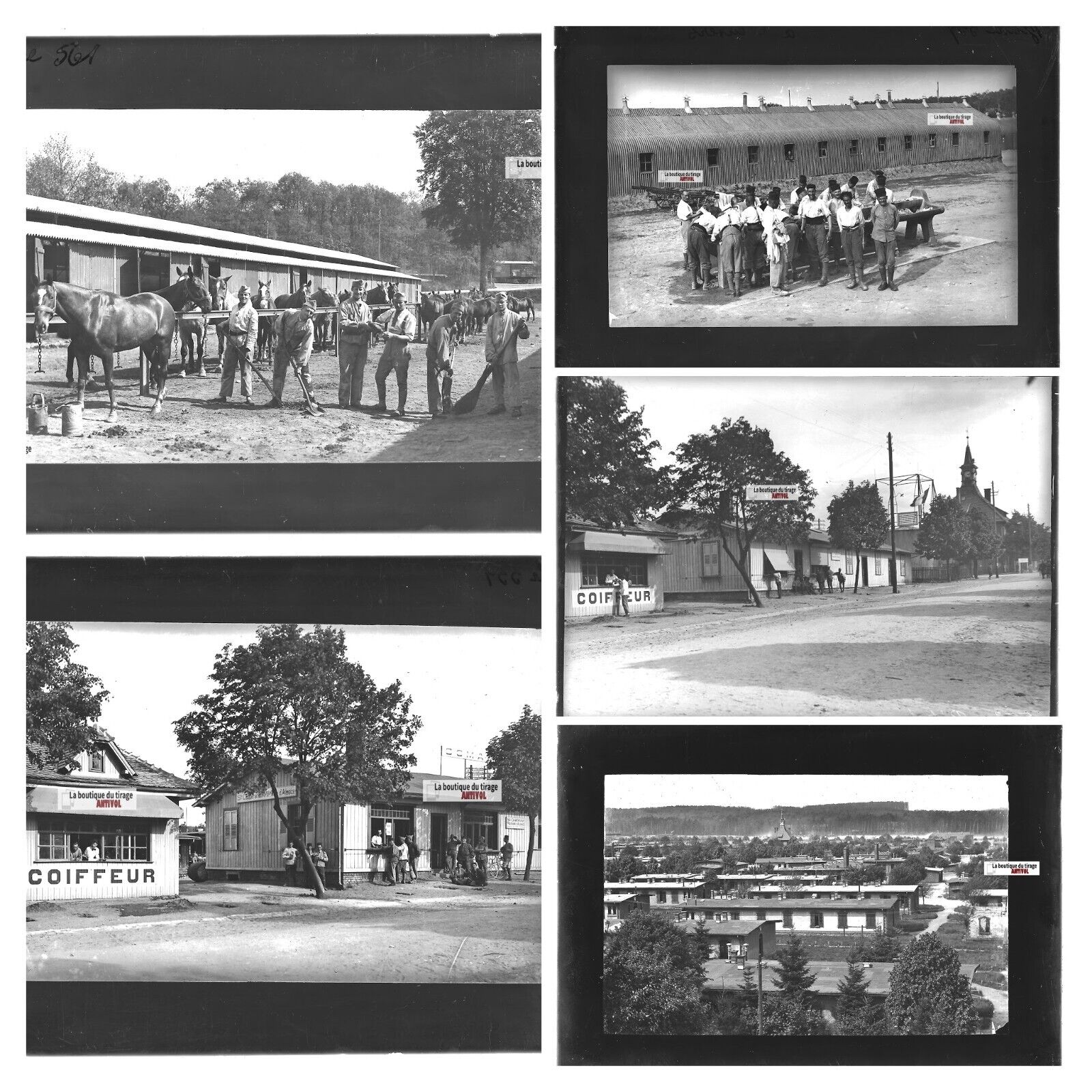 Camp Bitche, soldats, photos plaque de verre, lot de 5 positifs 13x18 cm