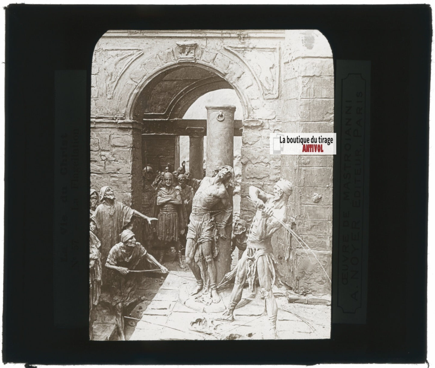 Flagellation du Christ, religion, sculpture, plaque verre, positif 8,5x10 cm