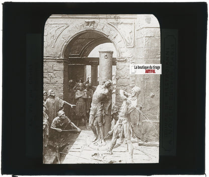 Flagellation du Christ, religion, sculpture, plaque verre, positif 8,5x10 cm