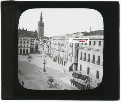 Plaza de San Francisco, Séville, photo ancienne plaque verre, positif 8,5x10 cm