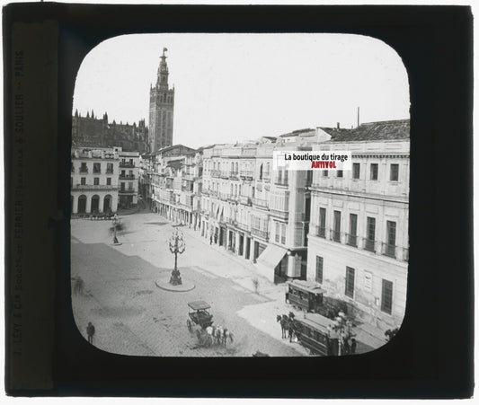 Plaza de San Francisco, Séville, photo ancienne plaque verre, positif 8,5x10 cm