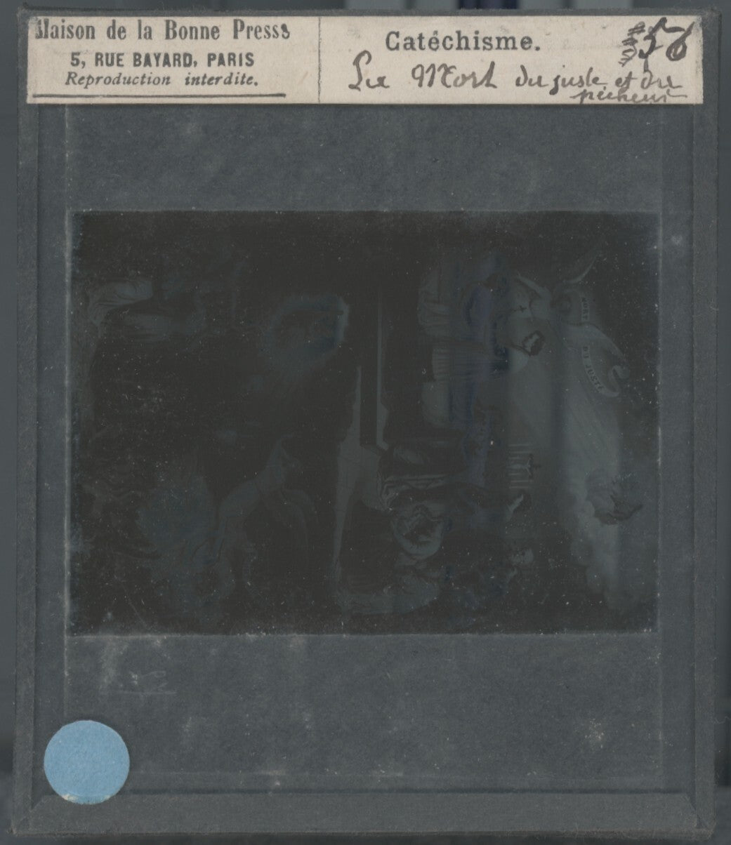 Scène religieuse, catéchisme, dessin peinture, plaque verre, positif 8,5x10 cm