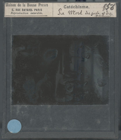 Scène religieuse, catéchisme, dessin peinture, plaque verre, positif 8,5x10 cm
