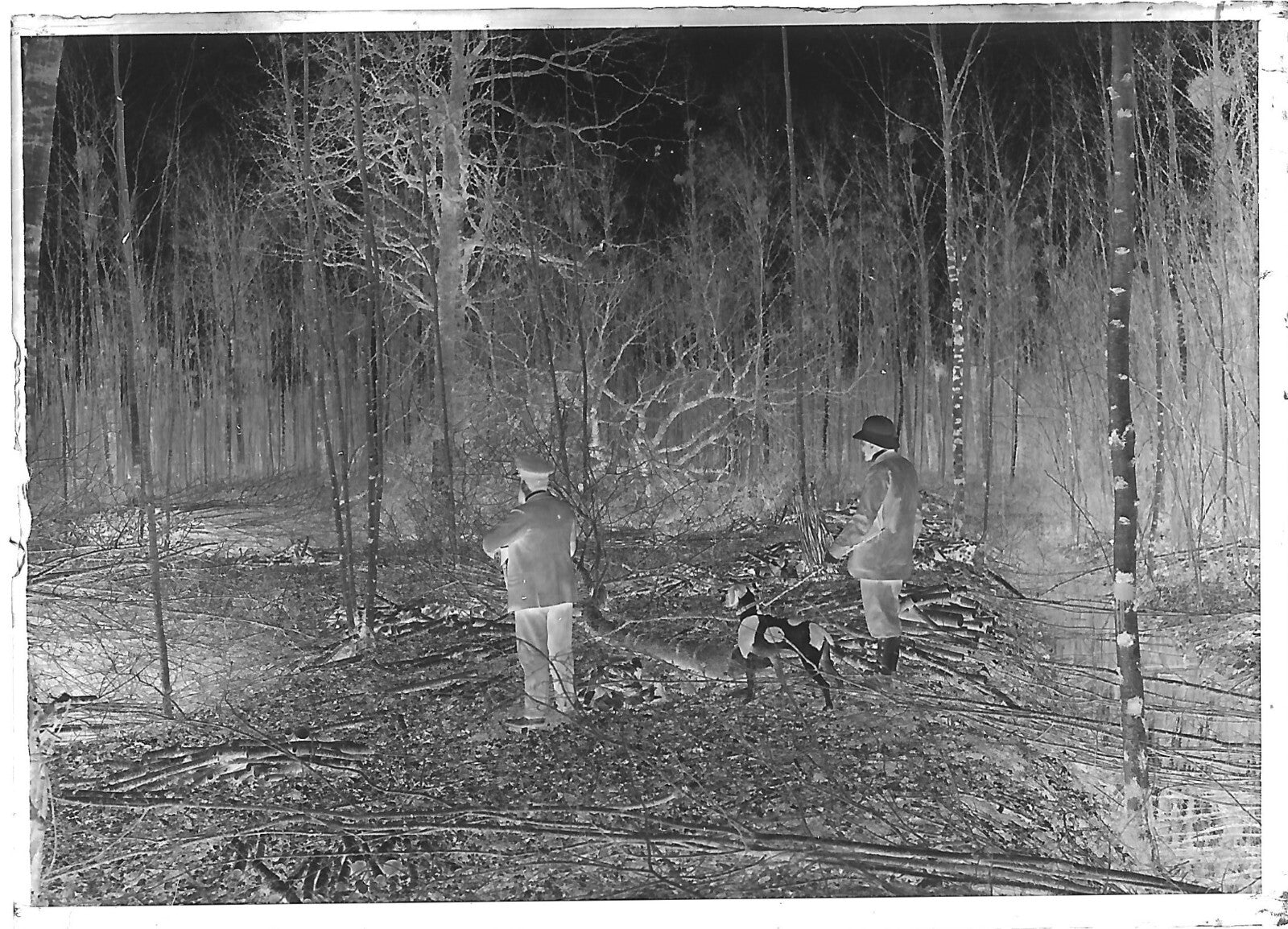 Plaque verre photo ancienne négatif noir et blanc 6x9 cm hommes chasse France 
