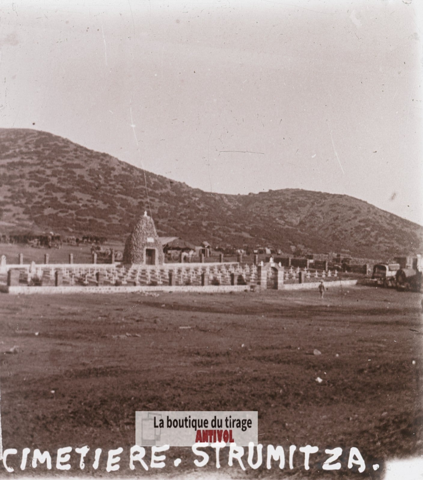 Le cimetière, Strumitza, guerre WW1, plaque verre stéréo, photo 4,5x10,7 cm