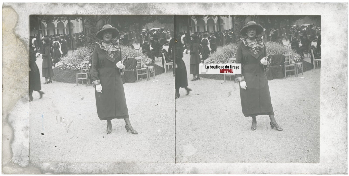 Personnages, Longchamp, Paris, plaque verre stéréoscopique, positif 8,5x17 cm